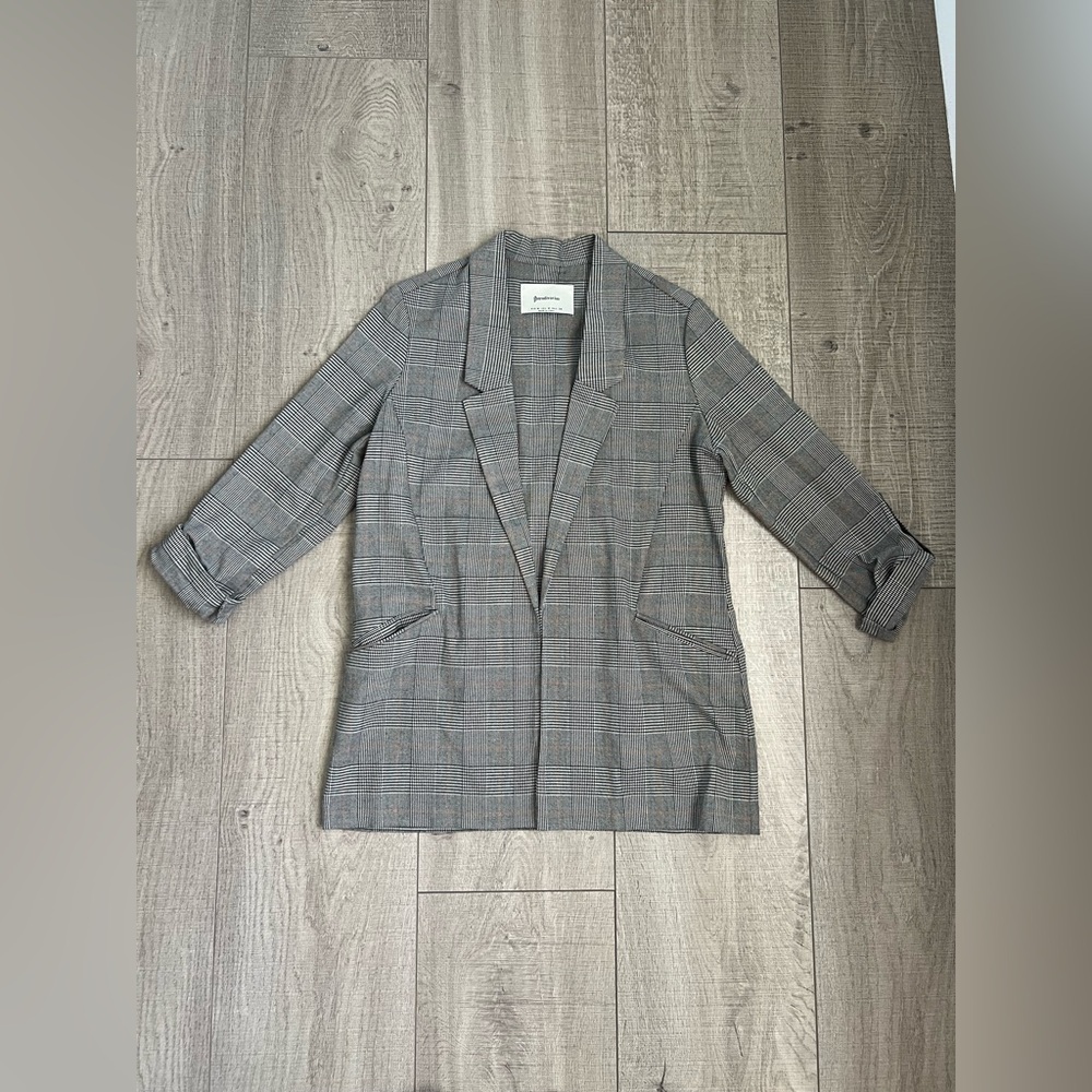 Stradivarius Black and Gray Checkered Open Front Blazer Women’s Size Medium